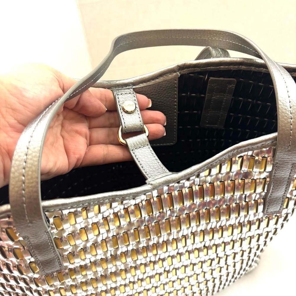 Botkier Large Silver/ Gold Metallic New York Leather Woven Tote Bag Purse - Picture 13 of 15